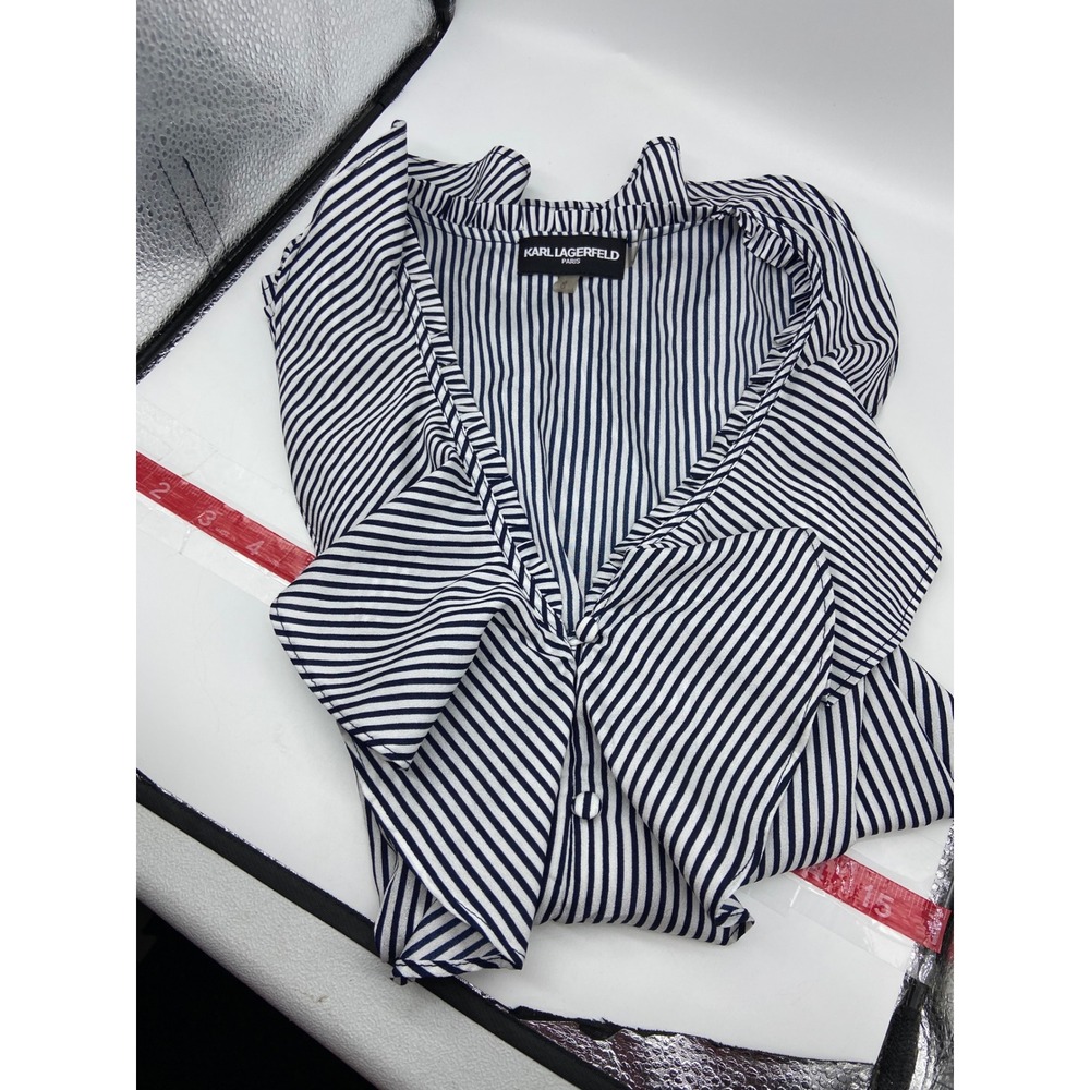 Karl Lagerfeld Paris Sleeveless Blouse Navy White Striped‎ Ruffle V Neck L Chic